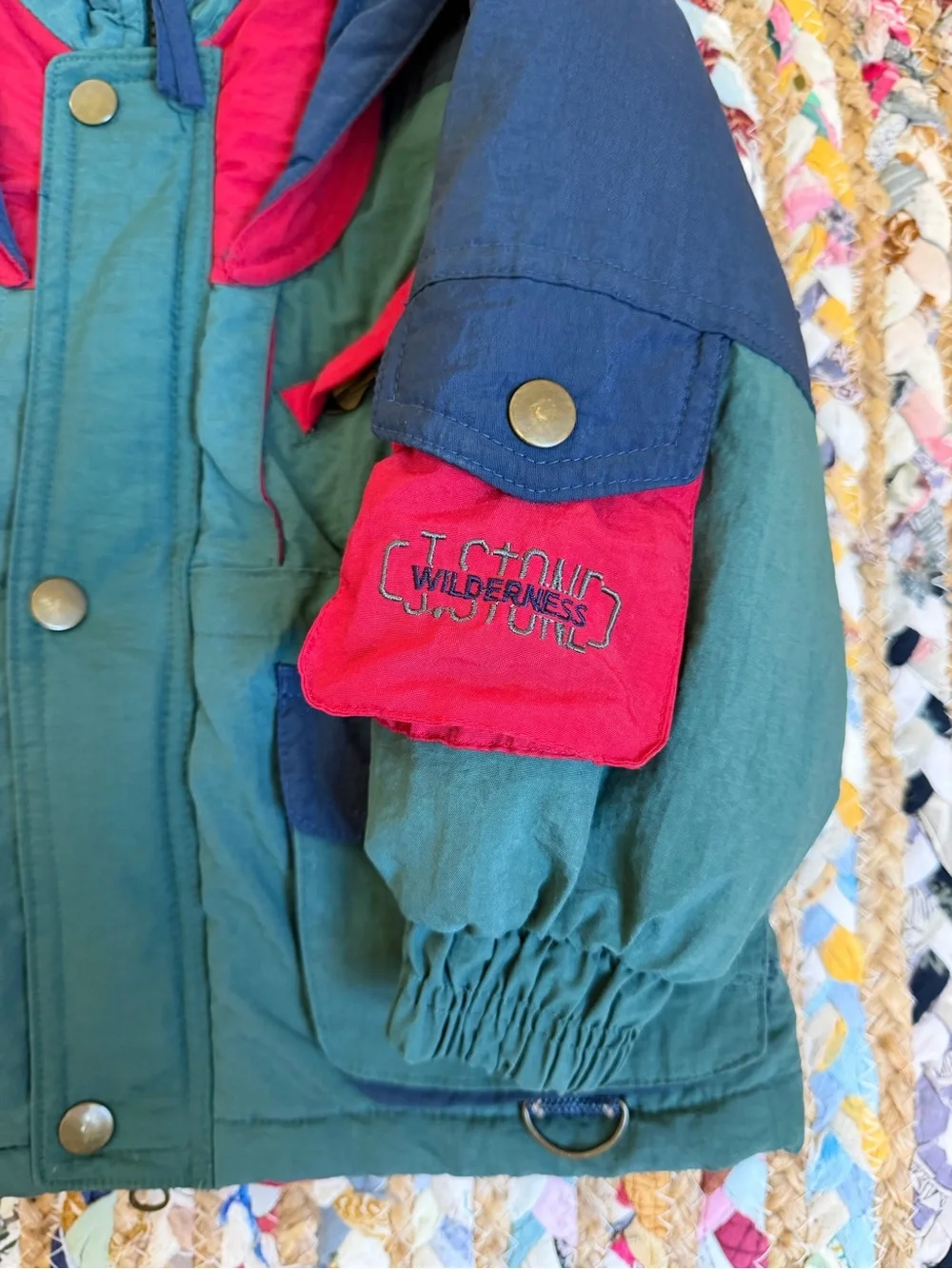 Colorblock Hooded Puffer Jacket for Kids - Green/Navy with Red Accents